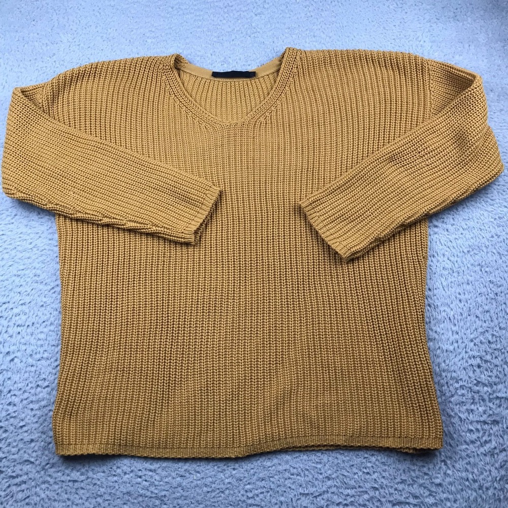 Jenny Kayne Cotton Cabin Sweater Womens M Mustard Organic V Neck Knit Oversized